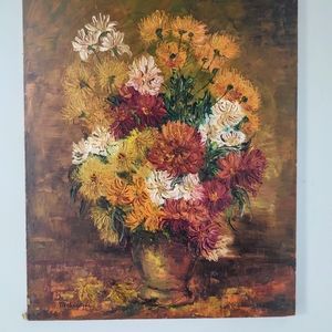 VTG MCM retro French Floral Aster Still-life Original Painting abstract wall art
